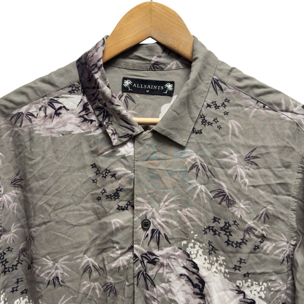 AllSaints Men's Size M Green Viscose Floral Waterfall "Java" Button Front Shirt